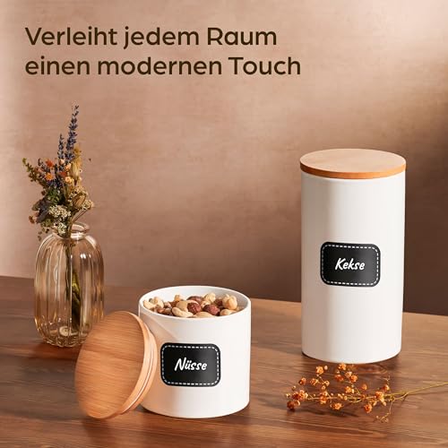 Praknu Keramikdosen mit Deckel Luftdicht Weiß - Vorratsdosen 3er Set - inkl. Etikett & Stift zum Beschriften - Spülmaschinenfest