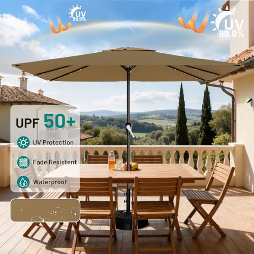 Image of AreShark 8' X 10' Rectangular Patio Umbrella with Solar Lights, Lighted Solar Umbrella with Crank, Outdoor Table Umbrella for Garden, Deck, Backyard, Pool and Beach, Khaki