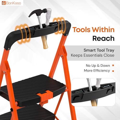 Image of BonKaso climb easy 7 Step Foldable Steel Kitchen Ladder for Home,Office & Outdoor Use with Safety Clutch Lock,Anti-Slip Wide Steps,Support Handle & Tool Tray, Load Capacity Upto 120kg (Orange & Black)