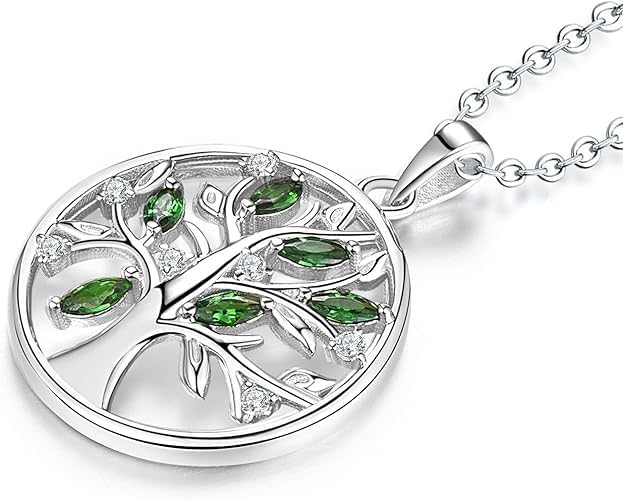 Natural Marquise Cut Greem Emerald Gemstone Tree of Life Necklace,925 Sterling Silver Family May Birthstone Tree Coin Pendant Necklace