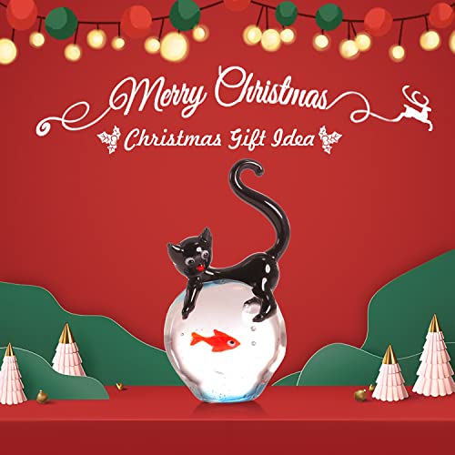 Too-Arts Cat And Goldfish Sculpture Glass Ornament Cat Figurine Hand Blown Black & Red #TOP1