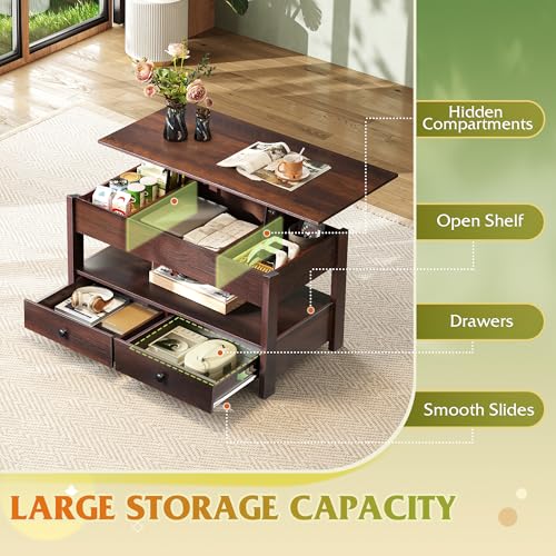 Image of WLIVE Lift Top Coffee Table with 2 Drawers, Large Storage, Espresso