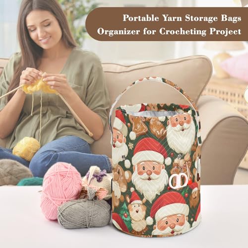 Image of Tatenale Crochet Bag Yarn Bag Knitting Project Bag with Pockets and Handle Portable Yarn Storage Organizer Tangle Free 8.3x11 InchGreen Christmas Santa Claus and Cookies16
