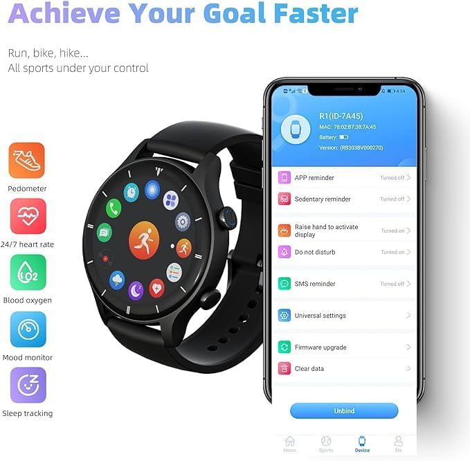 G-TIDE Smart Watch R1 app interface showing settings and health tracking features