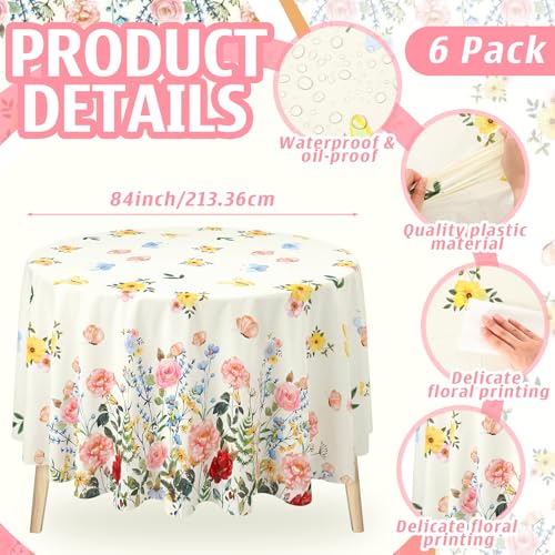 Image of Ganeen 6 Pcs Retro Wildflower Plastic Tablecloth 84 Inch Spring Round Tablecloths Floral Theme Birthday Decor Disposable Plastic Round Waterproof Table Cover for Holiday Wedding Decoration Party Favor
