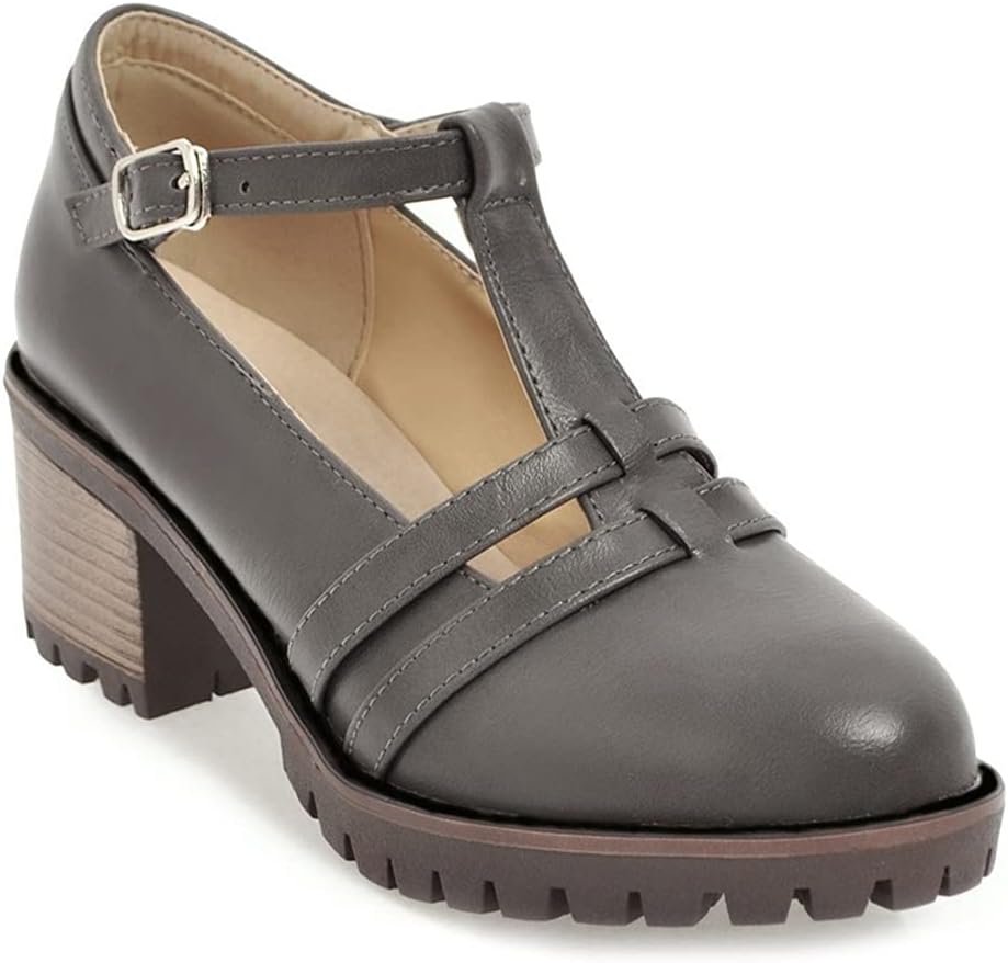 MIOKE Women's T-Strap Mary Jane Pumps Round Toe Chunky Mid Heel Platform Vintage Brogue Dress Oxford Shoes