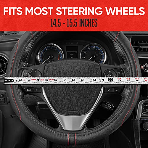 Image of Motor Trend GripDrive Faux Black Leather Steering Wheel Cover for Car Truck Van SUV, Standard 15 inch Size, Red Accent Stitched Car Steering Wheel Cover Vehicle & Auto Accessories
