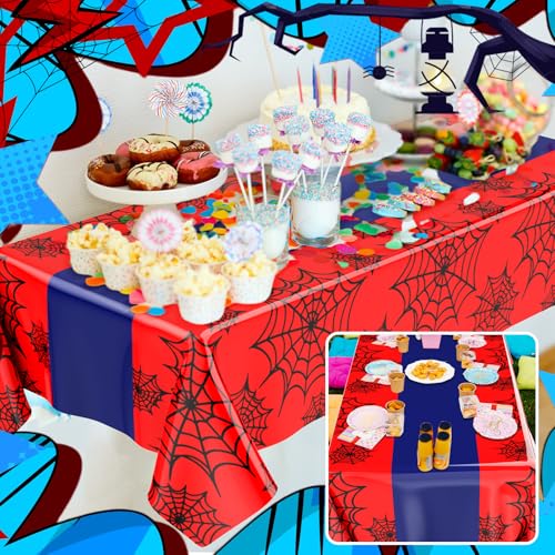 Image of Oudain 3 Pack Spider Theme Birthday Decorations Halloween Purple Black Red Green Pink Web Bat Tablecloth Cartoon Table Cover Party Favor for Birthday(Web,Black, Red)