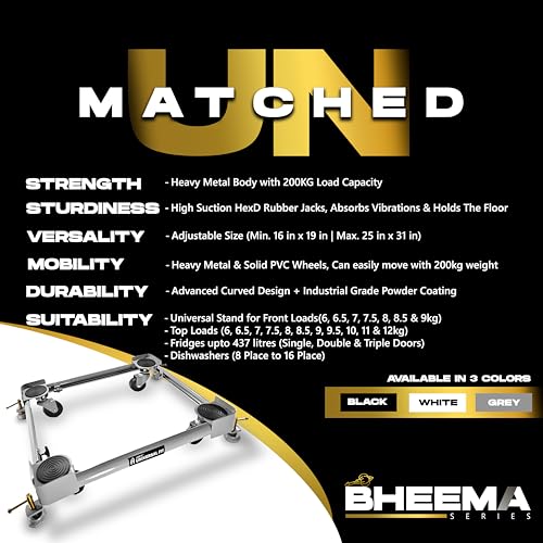 Image of Bheema Series 100% Metal + 180kg Load Capacity Universal Heavy Duty Adjustable Wheel Stand for Washing Machine 6.5kg 6kg 7kg 7.5kg 8kg 9kg 10kg Fully Automatic Front & top Load Trolley - Grey Color