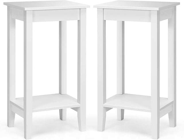 CASART Bedside Tables Set of 2, Wooden Slim Nightstand Sofa End Table with 2 Storage Shelves, Corner Narrow Tall Telephone Table Side Tea Desk for Living Room, Bedroom and Hallway, 40x30x74cm (White)
