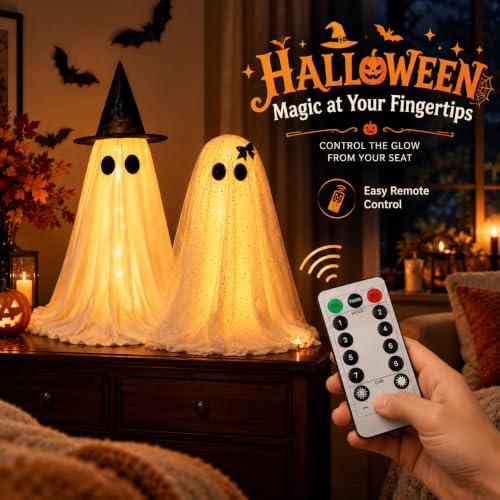Twinkling Ghost Halloween Decor, 2 Pack Witch Hat and Bow Ghost Couple - image 3