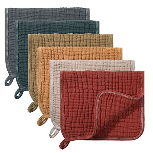 Image of Hicarer 6 Pcs Muslin Burp Cloths Pure Cotton Baby Burping Rags Large 20''x10'' 6 Layers Extra Soft and Absorbent Neutral Multicolor Muslin Washcloths for Boys and Girls(Dark Color Series)