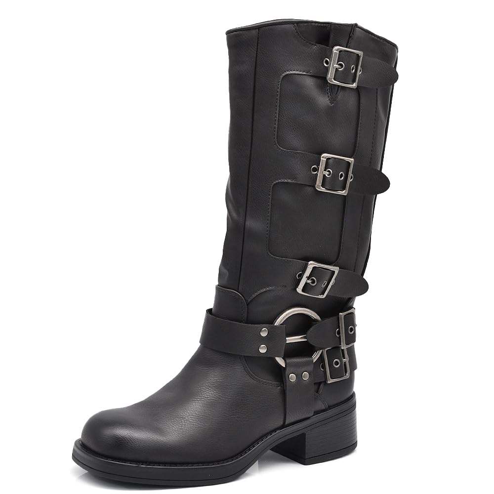 IF Fashion Scarpe Stivali da Donna Al Polpaccio Biker Motociclista Con Multi Fibbie Anfibi 660-3
