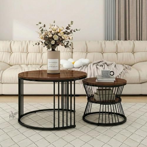 Image of MELVON Lightweight Nesting Coffee Table Set of 2, Black Frame with Walnut Finish Top, Round Coffee & Side Tables for Living Room