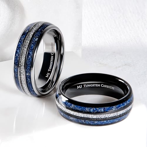 Tungsten Ring Polished Finish with Lapis Lazuli and Faux Meteorite Inlay 8mm Wedding Band Comfort Fit2