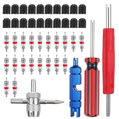 Image of 44PCS Tire Valve Stem Tool, Spool Installation and Valve Core Removal Tools, 4 Way Valves Puller Tool, Stem Cover Caps for All Types of Tires