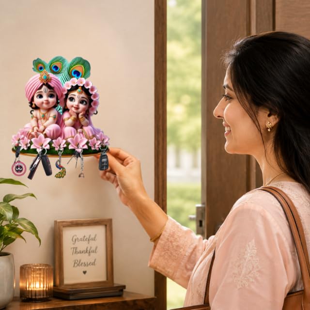 Image of Radha Krishna Wooden Key Holder for Wall with 7 Hooks | Decorative Wall Mounted Key Stand for Home Entrance, Living Room, Office & Puja Room | Spiritual Wall Decor Gift by Dakshestry Artworks