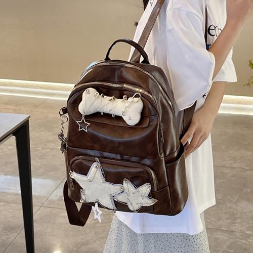 Cute PU Backpack Preppy, Y2K Star Vintage Fashion Bookbag, Aesthetic Emo 2000s Backpack for Women Men Casual Bag3