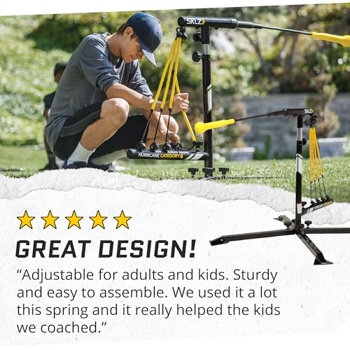 SKLZ Hurricane Batting Swing Trainer for Baseball & Softball - Durable Swing Arm - 4 Power Band System - High-Visibility, Anti-Dent Target Ball Head - Screw-in Base Legs, Metal Stakes & Carry Bag by SKLZ - Used condition - US$128.59