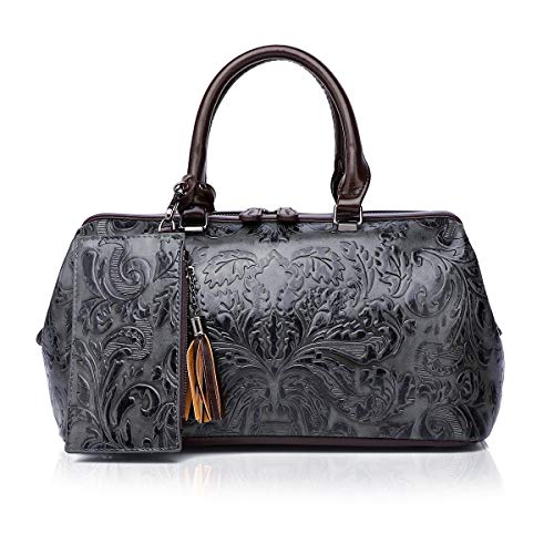 Women Top Handle Bag Embossed Satchel Large Long Handbag Purse for Ladies PU Leather Cross-body Bag 8340 (GRAY)