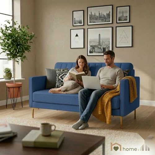 Image of Velum 3 Seater Sofa for Living Room & Office | Premium Fabric Upholstery | Solid Wood Frame | Comfortable Seating | 3 Years Warranty (Blue, 2 Seater Sofa)