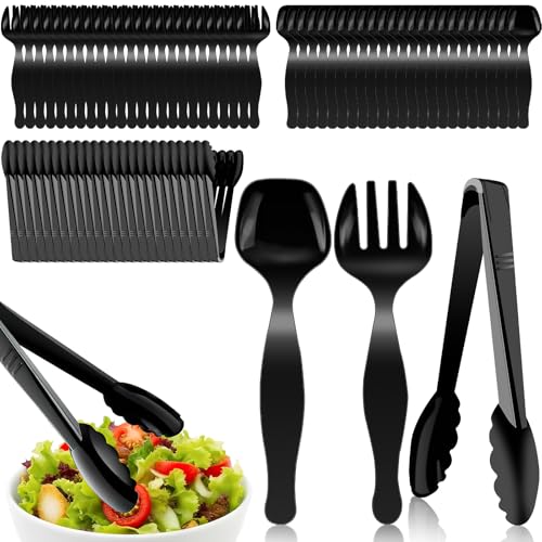 72 Pcs Plastic Serving Utensils Set 9 in Large Serving Spoons Forks and Tongs for Serving Food Heavy Duty Black Party Utensils Supplies for Buffet Restaurant Picnic Dinner Salad Noodles Soup