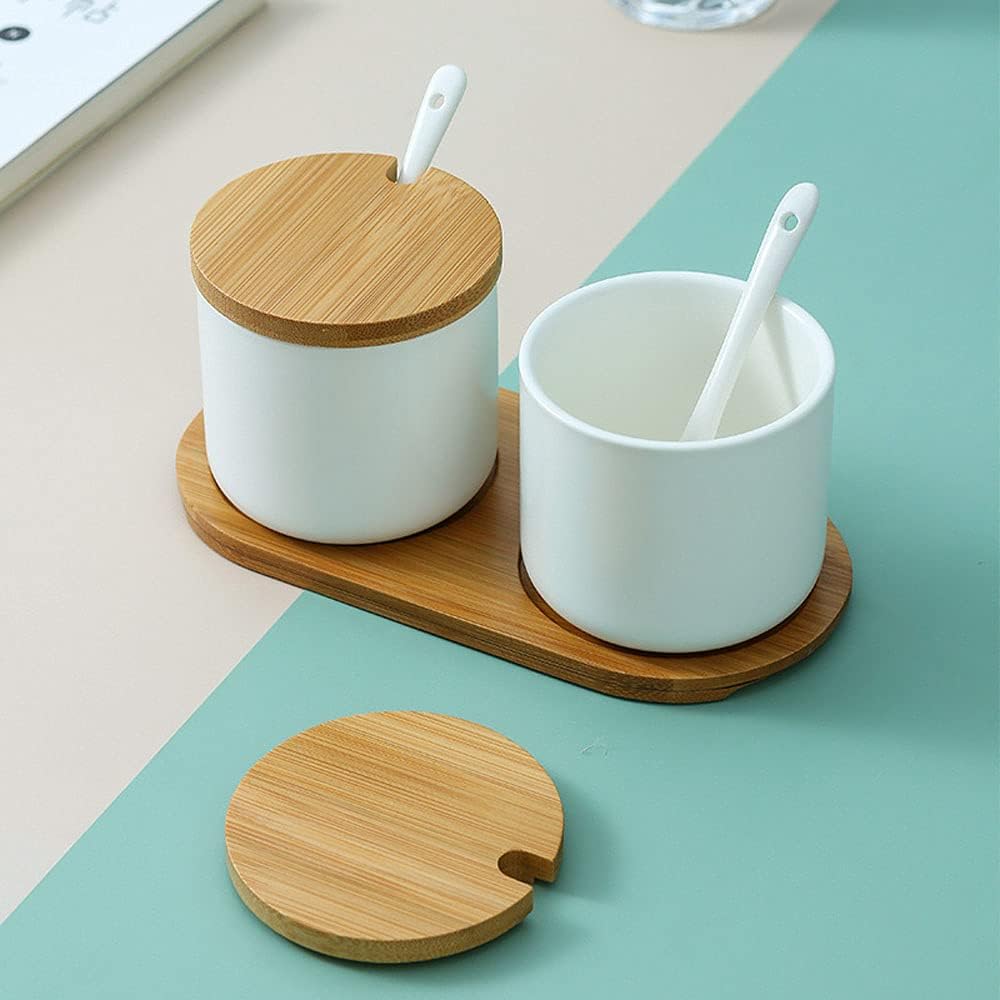 Simple Pure Color Ceramic Spice Jar Seasoning Box Condiment Pot Sugar Bowl with Bamboo Lid and Spoon