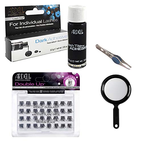 Ardell LashTite Individual Lash Adhesive Dark 0.12-Ounce / 3.5 g (Including Ardell Double Up - Knotted Flare Trios - Medium Black, Round Hand Beauty Mirror & Slant Precision Tweezers)