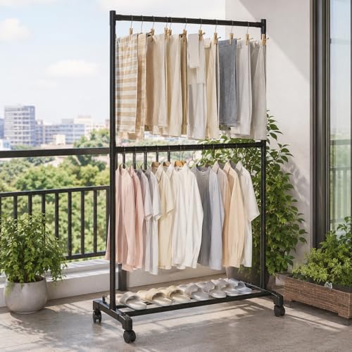 Image of Owme Portable Double Layer Clothes Drying Stand for Home | 2-Tier Rolling Laundry Rack with Wheels | Stainless Steel Garment Drying Rack for Balcony, Bedroom & Utility Area - SQUARE