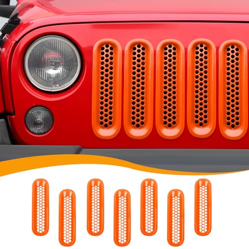 Image of Hoolcar Front Grill Mesh Inserts Clip-in Honeycomb Grille Guard Cover Fit for Jeep Wrangler JK JKU 2007-2017, Exterior Accessories, Orange
