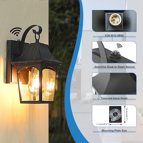 Dusk to Dawn Outdoor Wall Lantern for Home Porch Garage Entryway Front Door, Exterior Sconce Light Fixtures, Anti-Rust Waterproof Wall Mount Wall Light with Clear Glass and Light Sensor