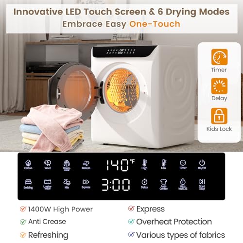 Image of VCJ 2.8 cu.ft Portable Dryer, 1400W Electric Clothes Dryer with 6 Drying Modes & LED Control Panel, Front Load Compact Dryer for Home, Apartment, Dorms