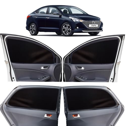 Image of OTO2EYE Car Sun Shade Compatible for Hyundai Verna Model-2020 to 2023, Z-Black Super Magnetic Grip, Front Window Zipper, Side Window Curtains, 4 Pieces Set