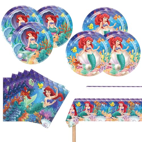Ariel Birthday Party Supplies 20 Plates 20 Napkins and 1 Tablecover for Girls Little Mermaid Party Decorations
