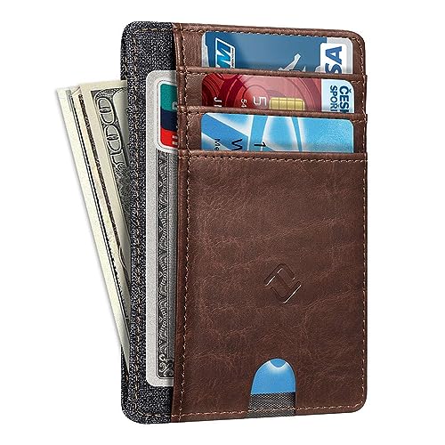FINTIE Flache Geldbörse Kartenetui, Premium Kunstleder RFID-Blocker Slim Geldbeutel Kreditkartenetui mit ID-Fenster und Schnellzugriff-Fach für Herren Damen, Braun