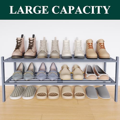 Image of Smiry Bamboo Shoe Rack, 5 Horizontal Slats, 2 Tier - 33.9 inch Wide, Grey