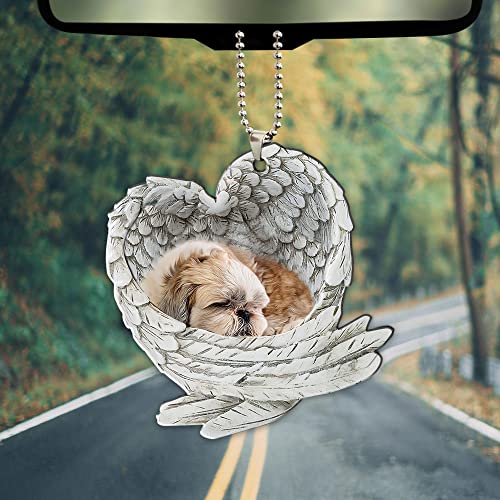 Talataca Shih Tzu Shitzu Schlafender Engelsflügel Tier Haustier Hund Bauernhaus 2D Flacher Auto Rückspiegel Zubehör Weihnachtsbaum Ornament Dekoration Hängender Charme Innen Rückansicht Anhänger Dekor