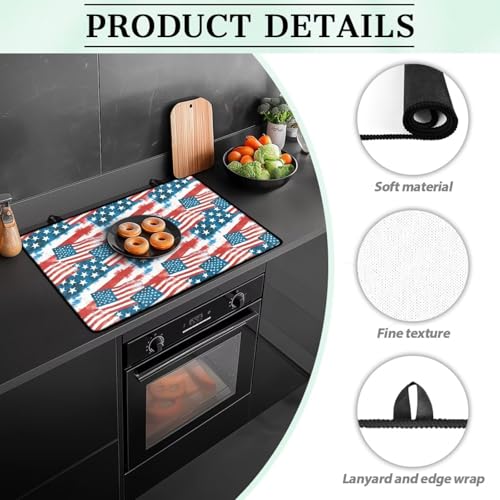 Image of Poceacles 4th of July Patriotic Glass Stove Top Cover Stove Burner Cover Multipurpose Rubber Desk Saver Pad Washer Dryer Top Mat for Counter Top, American Flag Stars and Stripes