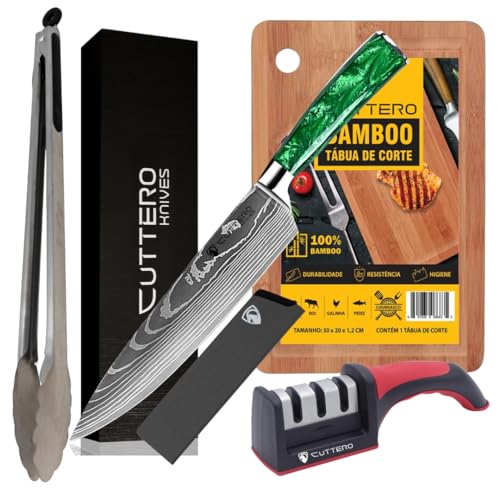 KIT Faca do Chef - Churrasco - Aço Inoxidável - 8 Polegadas (kit faca com tabua de corte, pegador de