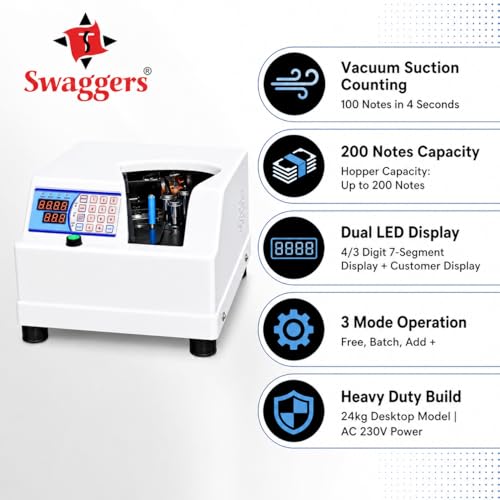Image of swaggers Heavy Duty Bundle Note Counting Machine- Desktop Model (HIgh Speed, Counts 100 Notes Upto 4 Seconds) 200 Notes Capacity | Best for Banks, Retails, Cash Counters