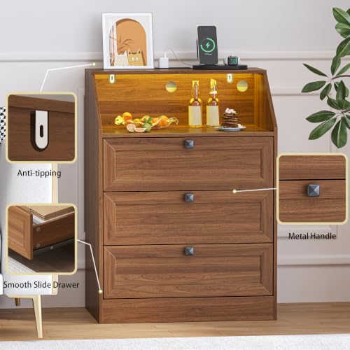 Image of Wodeer Walnut Dresser 3 Drawer Nightstand, Wood Night Stand with LED Lights, Charging Station, Metal Handles, Modern Storage Cabinet and Organizer Drawers for Living Room, Hallway
