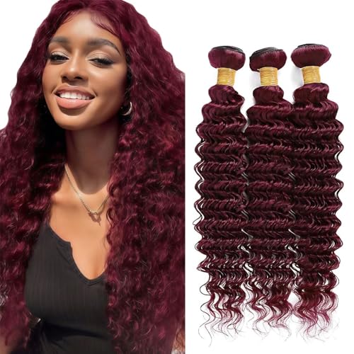 99J Human Hair Bundles Burgundy Deep Wave Bundles Extensions 10A