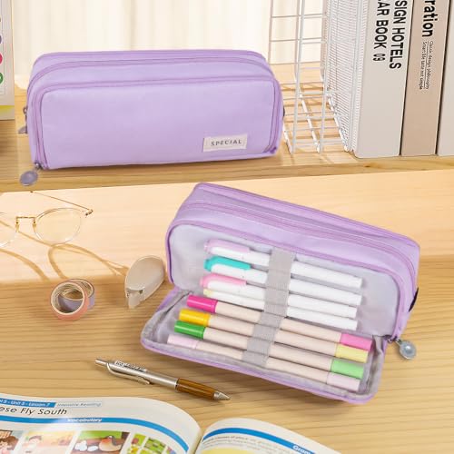Image of MAMUNU Large Capacity Pencil Case, 3 Compartments Canvas Pencil Pouch with Zipper, Aesthetic Pencil Bag Pen Pouch for School Office Students Teen Girls Boys, Purple