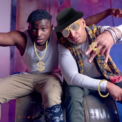 Hip Hop Rapper Costume Set, 6 Pcs Hip Hop Costume Kit, Golden 80s/90s Hip Hop Fancy Dress Accessories, Fake Dollar Sign Necklace, Golden Sunglasses,Bracelet, Black Fisherman's Hat for Carnival Party - Image 7