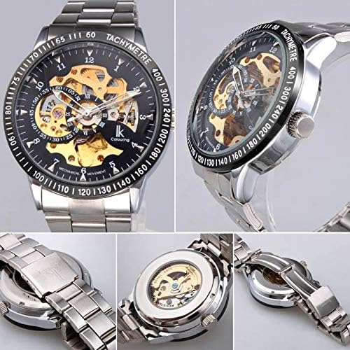 IK Men's Watch Skeleton Automatic Mechanical Wristwatch, Silver Golden Dial Tachymeter Black Stainless Steel Casual Steampunk Watch - Black - Image 2