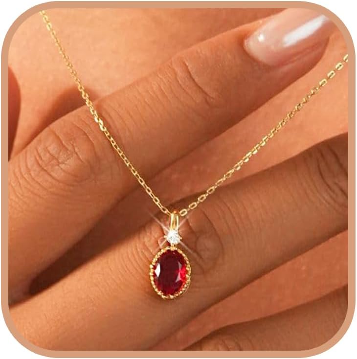 14k Gold Plated Oval Ruby Necklace for Women 925 Sterling Silver Crystal Birthstone Necklace Shiny Red Garnet Charm Necklace for Mother Daughter Birthday Mother’s Day Birthday Jewelry Gifts