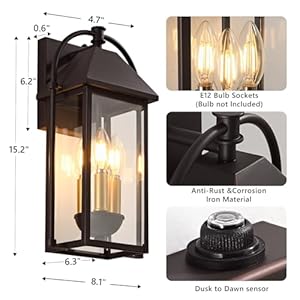 Dusk to Dawn Outdoor Wall Light 3-Light Exterior Porch Light Fixtures 15.2" Waterproof Outside Wall Sconce for House Porch Garage Patio Dusk to Dawn Outdoor Wall Light 3 Light Exterior Porch Light Fixtures 152 Waterproof Outside Wall Sconce for House Porch Garage Patio