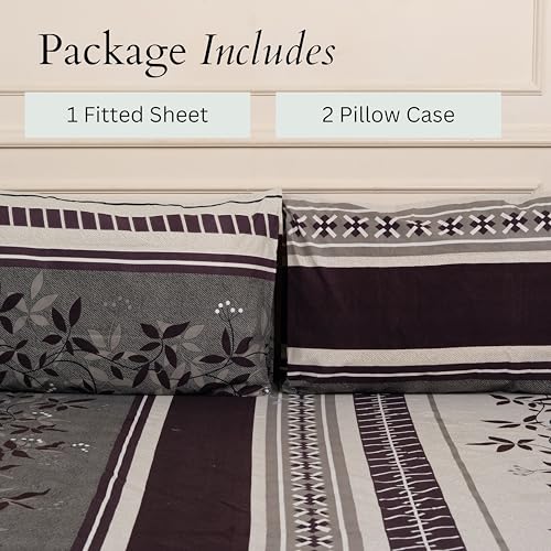Image of Amazon Brand - Umi Cotton Elastic Fitted Bedsheet, King Size 78x72 Inches, Elastic Fit Bed Sheet, 10 Inch Deep Pocket, Soft Breathable Bedding, Durable Easy Care, with Pillow Cover-Mocha Leaves