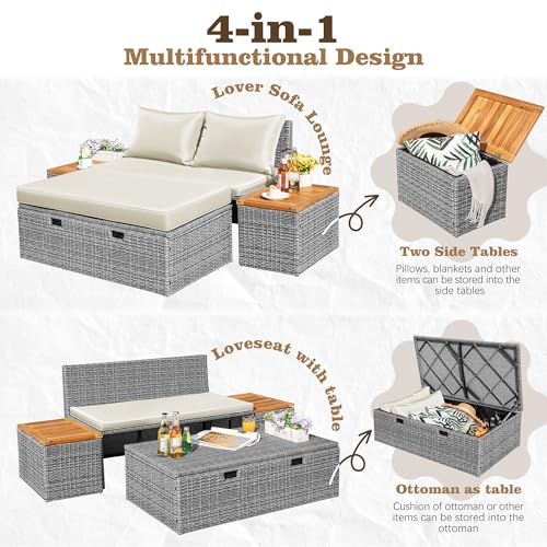 Flamaker ADL240118-2 Outdoor Rattan Lounge Chair With 2 Side Tables, Multifunctional Outdoor Patio Daybed thumb #5