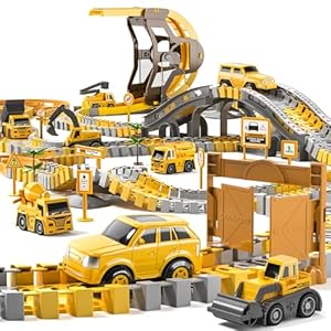 TEMI 252-Piece Construction Toy Race Track Set and 8 Cars for Kids Age 3-8 – Flexible Tracks, Best Gift for Boys and Girls